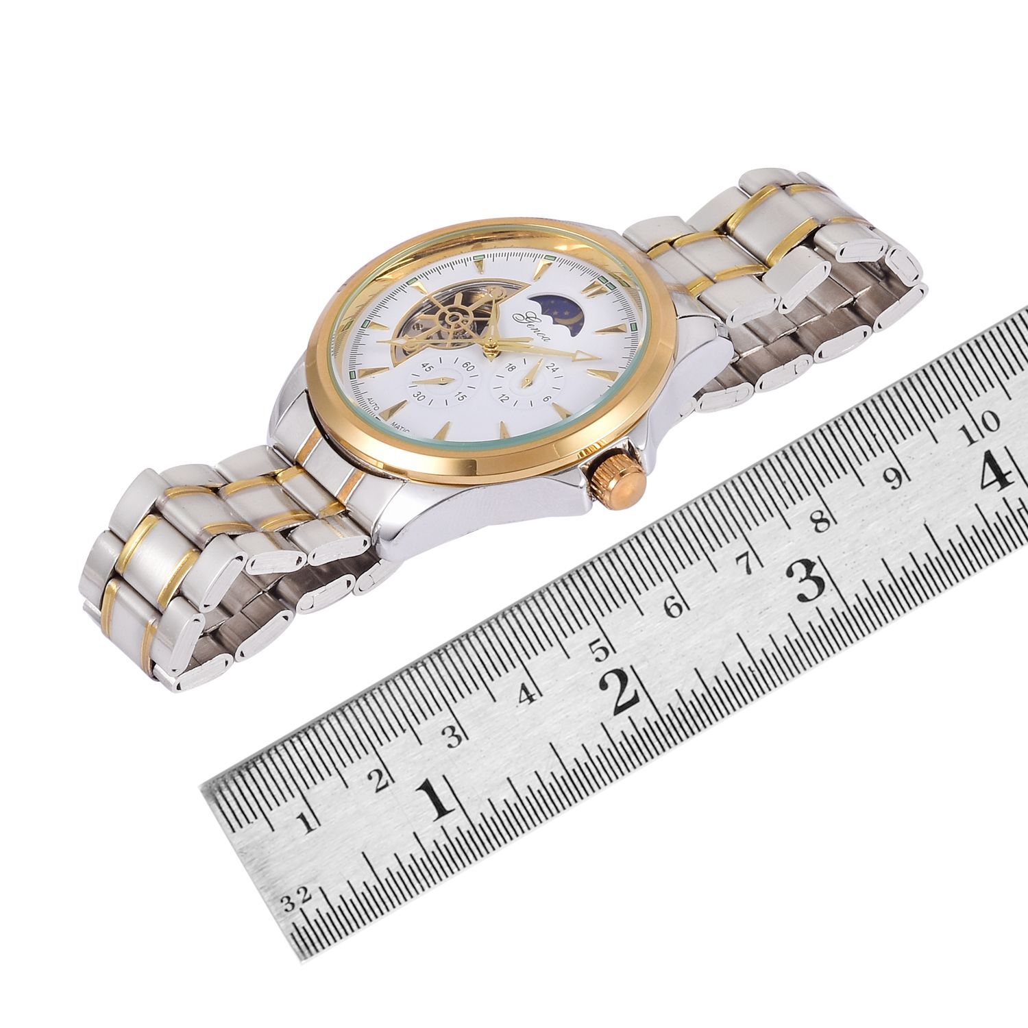 GENOA Automatic Skeleton White and Golden Dial Water Resistant Watch in Gold Tone with Stainless Steel Back and Chain Strap