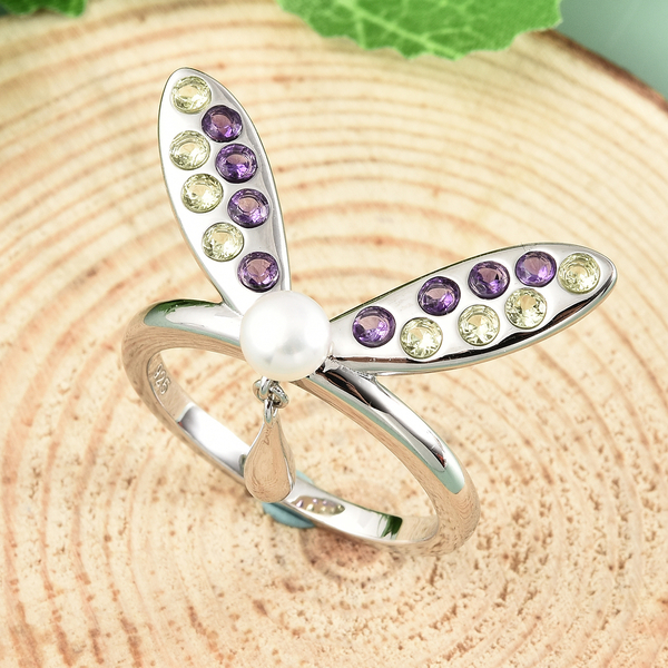 LucyQ Dragonfly Collection - Freshwater White Pearl, Hebei Peridot and Amethyst Ring in Rhodium Overlay Sterling Silver 1.120 Ct.