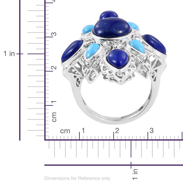 Royal Jaipur Lapis Lazuli (Rnd 5.25 Ct), Arizona Sleeping Beauty Turquoise and Ruby Ring in Platinum Overlay Sterling Silver 11.500 Ct.