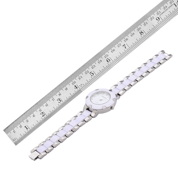 STRADA Japanese Movement White Austrian Crystal Studded White Dial Water Resistant Watch in Silver Tone with Stainless Steel Back and White Strap