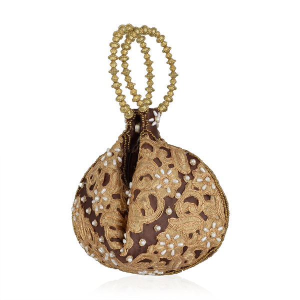Golden Colour Floral and Leaves Pattern Chocolate Colour Satin Potli Bag with Acrylic Pearl Beads (Size 24x16 Cm)