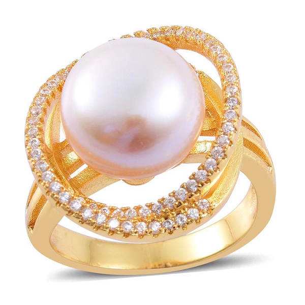 Fresh Water White Pearl and Simulated White Diamond Ring in Gold Tone