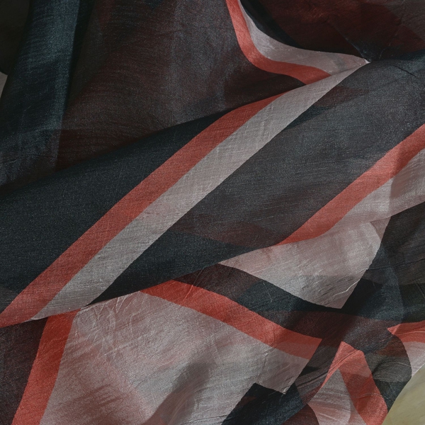 100% Mulberry Silk Peach, Black and Multi Colour Handscreen Stripes Printed Scarf (Size 200X170 Cm)