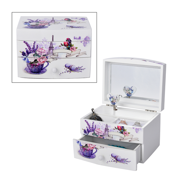 2 Layer Musical Bird and Tower Printed Jewellery Box with Drawer and Inside Mirror (Size 13x10x9cm) 