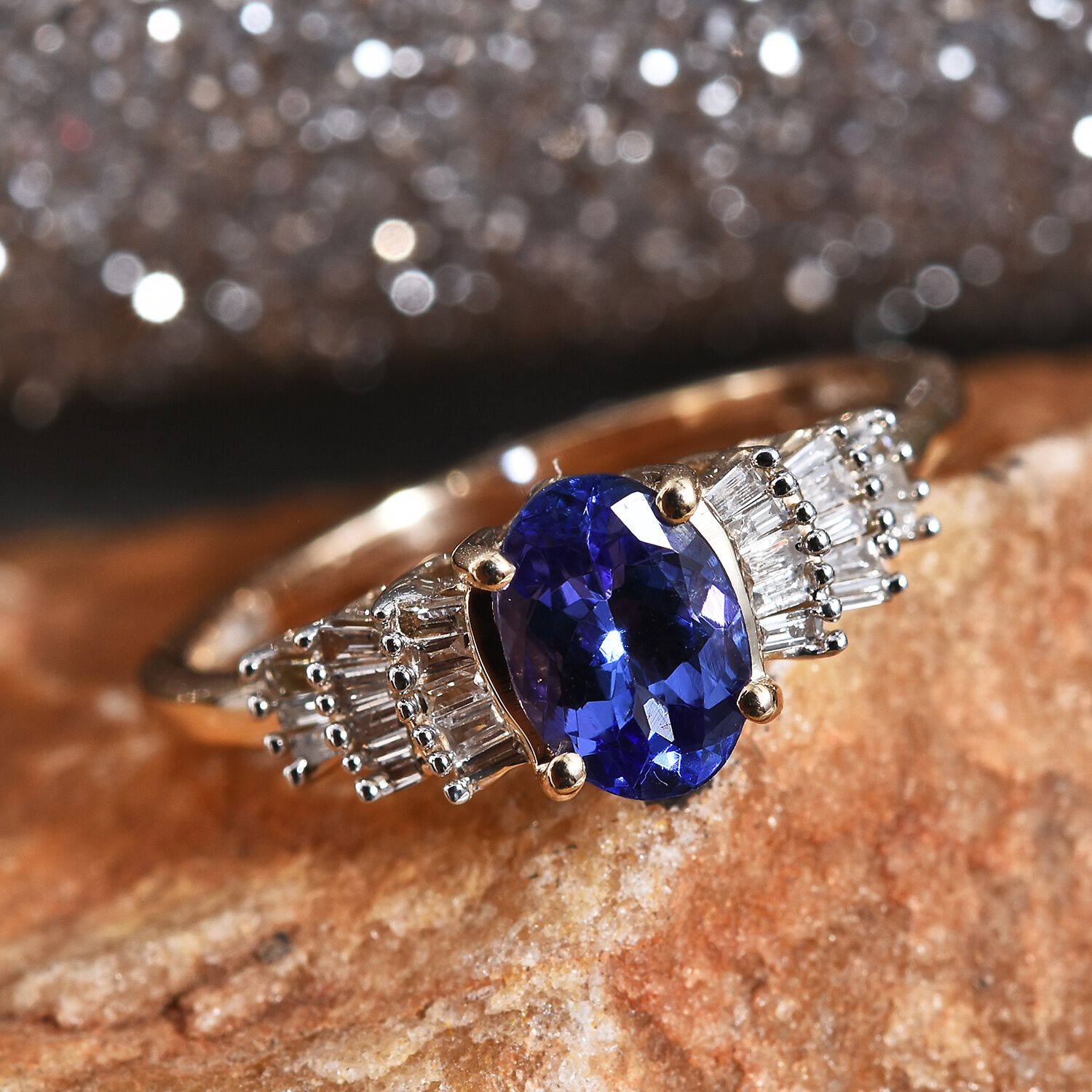 9K Yellow Gold AA Tanzanite (Ovl 7x5 mm) and Diamond Ballerina Ring