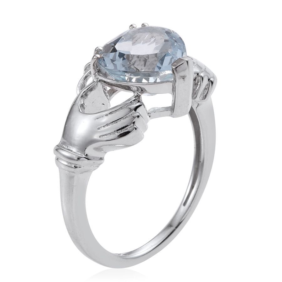 Espirito Santo Aquamarine Heart Solitaire Claddagh Silver Ring in Platinum Overlay 2.250 Ct.