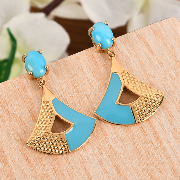 Arizona Sleeping Beauty Turquoise Enamelled Dangling Earrings (with Push Back) in Yellow Gold Overlay Sterling Silver 1.42 Ct.