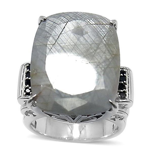 Natural Silver Sapphire (Cush 34.50 Ct), Boi Ploi Black Spinel Ring in Rhodium Plated Sterling Silve