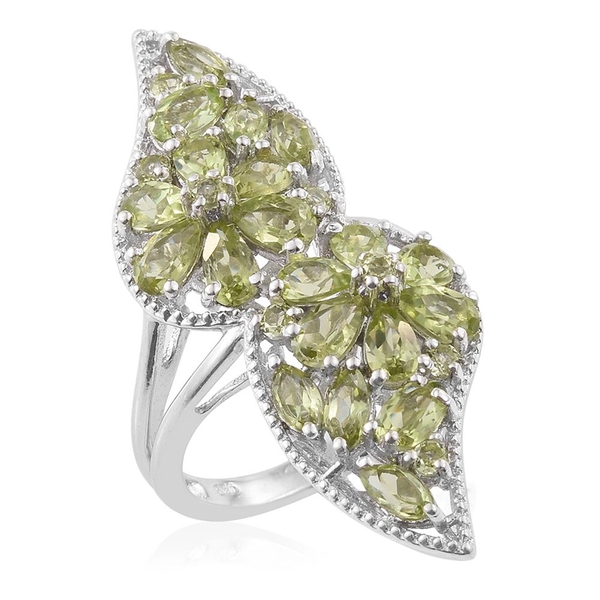 Designer Inspired-Hebei Peridot (Ovl) Leaves Ring in Platinum Overlay Sterling Silver 4.750 Ct. Silv