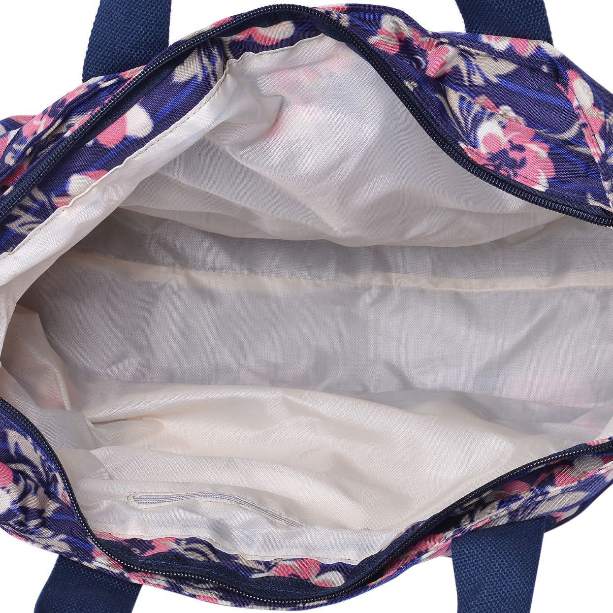 Pink and Multi Colour Floral Pattern Navy Blue Colour Tote Bag With External Zipper Pocket and Adjustable and Removable Shoulder Strap (Size 37x25x12 Cm)