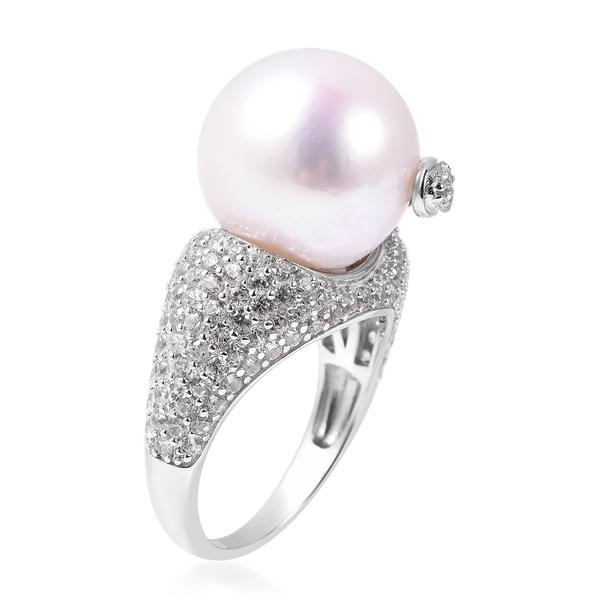 Edison Pearl (Rnd) and Natural Cambodian White Zircon Ring in Rhodium Overlay Sterling Silver