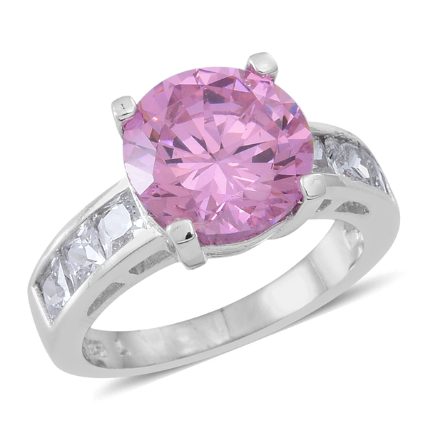 ELANZA AAA Simulated Kunzite (Rnd), Simulated White Diamond Ring in Rhodium Plated Sterling Silver