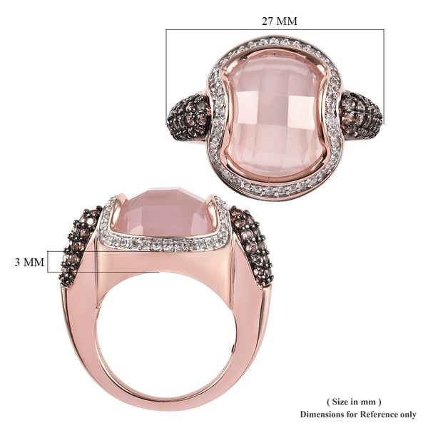 GP Rose Quartz (Rnd), Natural Cambodian Zircon, Brown Zircon and Blue Sapphire Ring in Rose Gold Overlay Sterling Silver 13.25 Ct, Silver wt 7.50 Gms