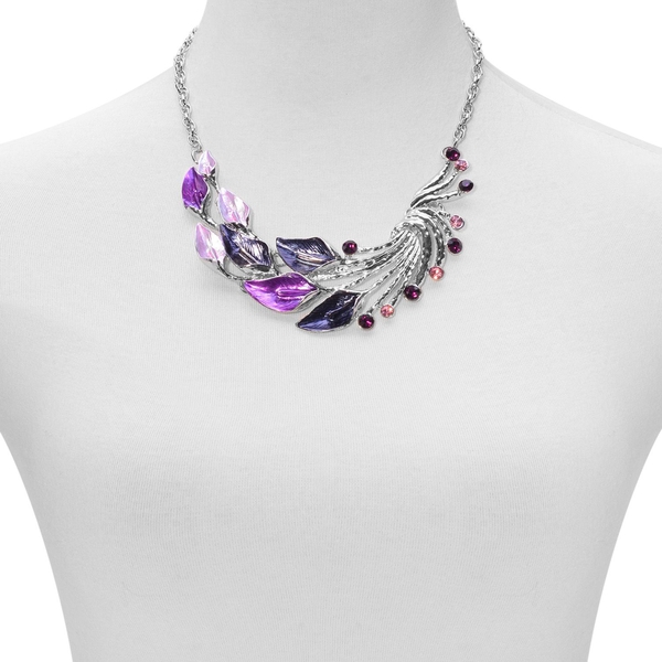 Pink and Purple Austrian Crystal Enameled Necklace (Size 18) and Earrings in Silver Tone