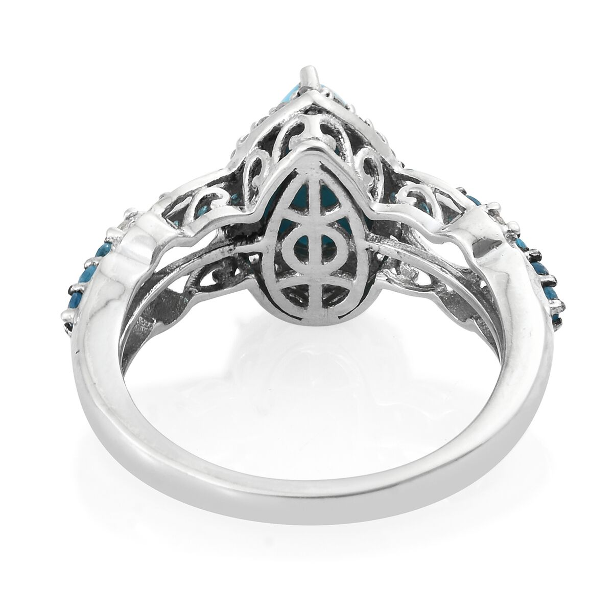 Arizona Sleeping Beauty Turquoise (Pear), Malgache Neon Apatite and Natural Cambodian Zircon Ring in Platinum Overlay Sterling Silver 2.250 Ct.