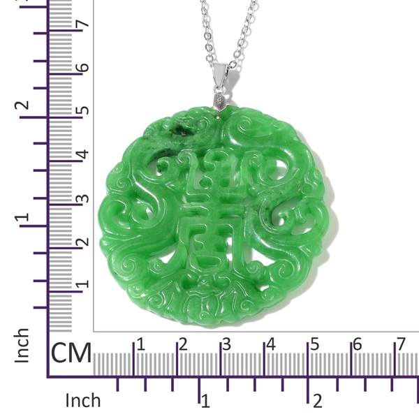 One Time Deal- Carved Green Jade Chinese Symbol Auspicious Clouds and Longevity Pendant with Chain in Rhodium Plated Sterling Silver 85.500 Ct.