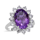 Natural Lusaka Amethyst and Natural Cambodian Zircon Floral Halo Ring (Size N) in Rhodium Overlay Sterling Si