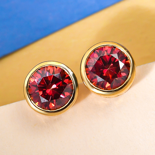 Red Moissanite Stud Earrings in Vermeil Yellow Gold Overlay Sterling Silver 1.46 Ct.