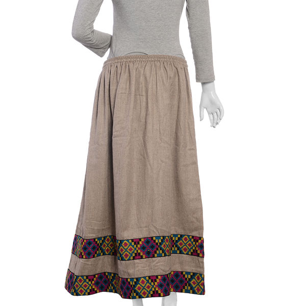 Handwoven Traditional Kullu Weave Skirt with Woollen Border Free Size Khaki and Multi Colour