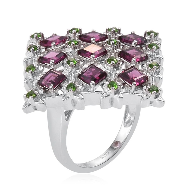 Stefy Rhodolite Garnet (Sqr), Chrome Diopside and Pink Sapphire Ring in Platinum Overlay Sterling Silver 3.770 Ct.