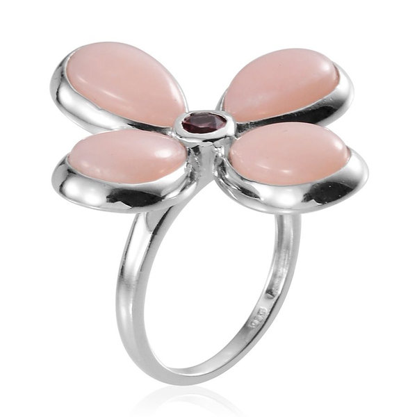 Peruvian Pink Opal (Pear), Rhodolite Garnet Lily Floral Ring in Platinum Overlay Sterling Silver 9.500 Ct.