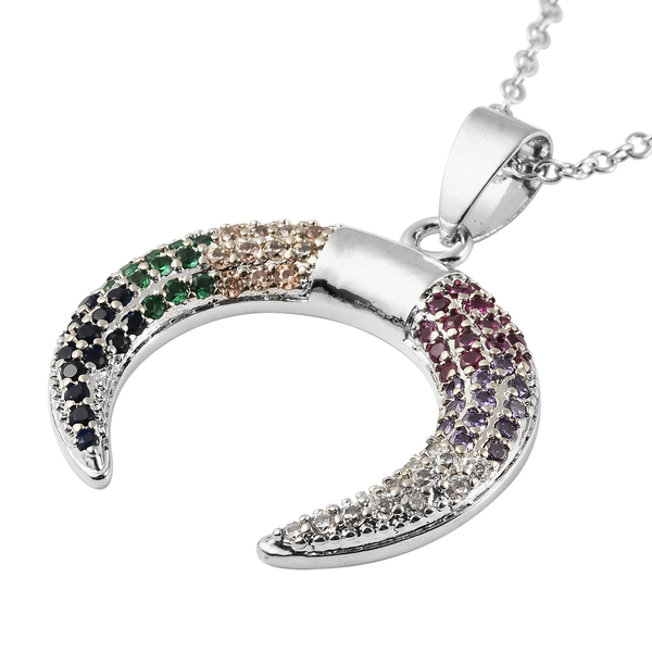Simulated Multi Gemstone Crescent Moon Pendant with Chain (Size 20 with 2.5 inch Extender) in Silver Tone