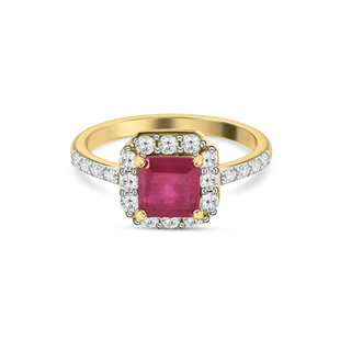 2 Carat African Ruby and Natural Cambodian Zircon Halo Ring in 14K Gold Plated Sterling Silver