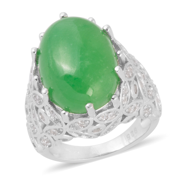 16.04 Ct Green Jade and Zircon Solitaire Ring in Rhodium Plated Silver 9.04 Grams