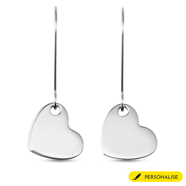 Personalised Engravable Heart Drop Earrings in Silver Tone