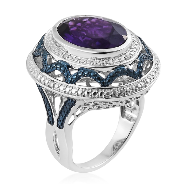Amethyst (Ovl), Diamond Ring in Platinum Overlay Sterling Silver 8.000 Ct. Silver wt 9.52 Gms.