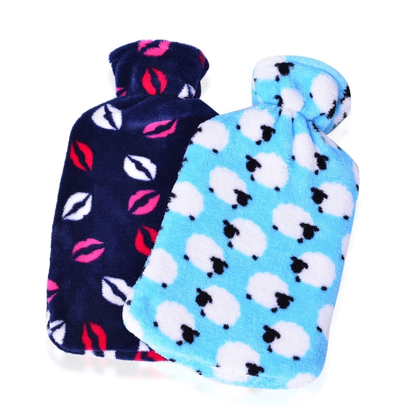 Set of 2 - Hotwater Light Blue, Navy and Multi Colour Lamb and Lips Pattern Flannel Bottle Cover and