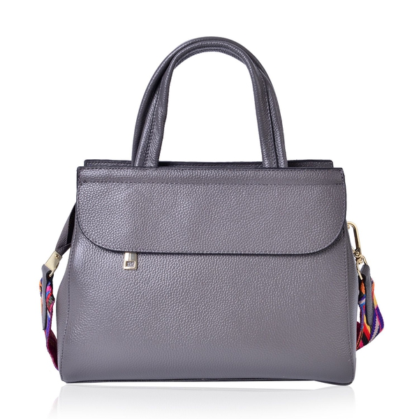 Designer Inspired  - Limited Edition- 100% Genuine Premium Leather Grey Colour Tote Bag with Removable Colourful Shoulder Strap (Size 29X22X10.5 Cm)