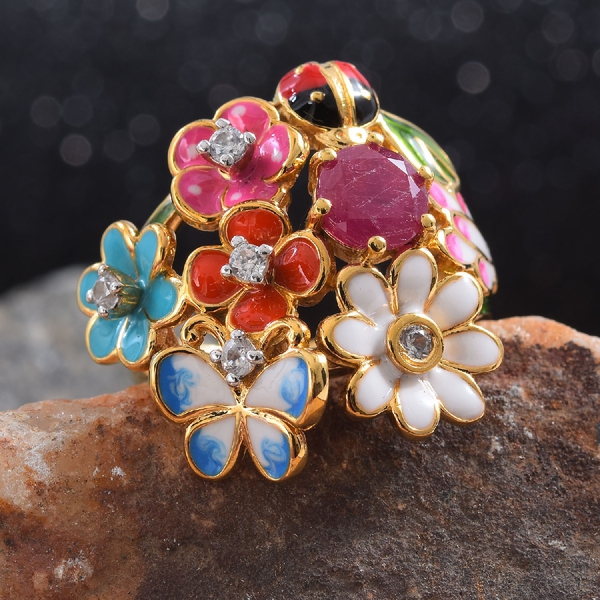 GP- Iconic Mille Fiori Collection-African Ruby (Rnd), Natural Cambodian Zircon and Blue Sapphire Floral and Ladybug Ring in 14K Gold Overlay Sterling Silver