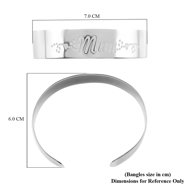 Platinum Overlay Sterling Silver Engraved MUM Cuff Bangle (Size 7.5), Silver Wt. 15.30 Gms