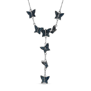 Blue Diamond Butterfly Lariat Necklace (Size - 18 with 2 Inch Extender) in Platinum and Blue Overlay