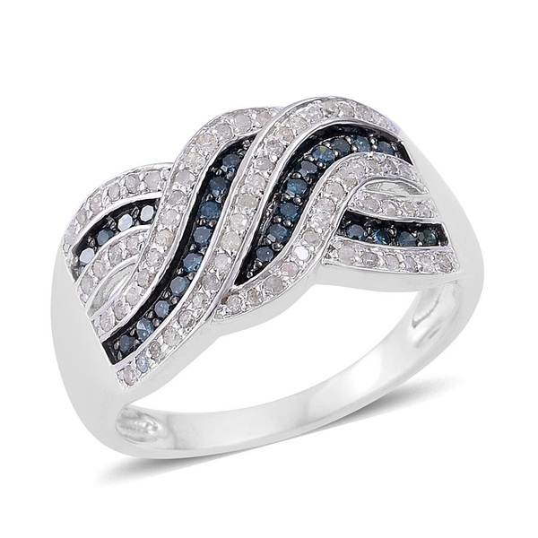Blue and White Diamond (Rnd) Sea Wave Ring in Rhodium Plated Sterling Silver 0.500 Ct.