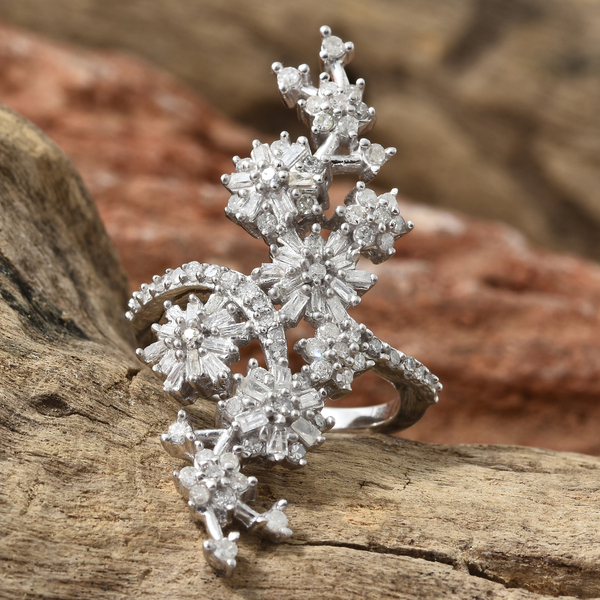 Designer Inspired- Diamond (Bgt) Floral Ring in Platinum Overlay Sterling Silver 0.80 Ct.