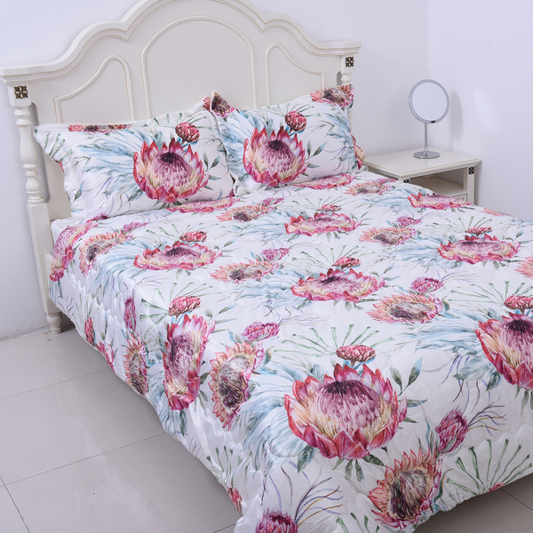 4 Piece Set - Serenity Night Off-White and Multi Colour Floral Print Comforter (220x225cm), Fitted S