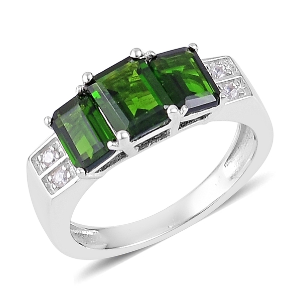 Chrome Diopside (Oct 1.00 Ct), Natural White Cambodian Zircon Ring in Rhodium Plated Sterling Silver