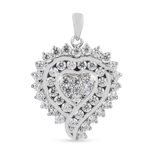 Lustro Stella Platinum Overlay Sterling Silver Heart Pendant Made with Finest CZ 5.29 Ct, Silver wt.