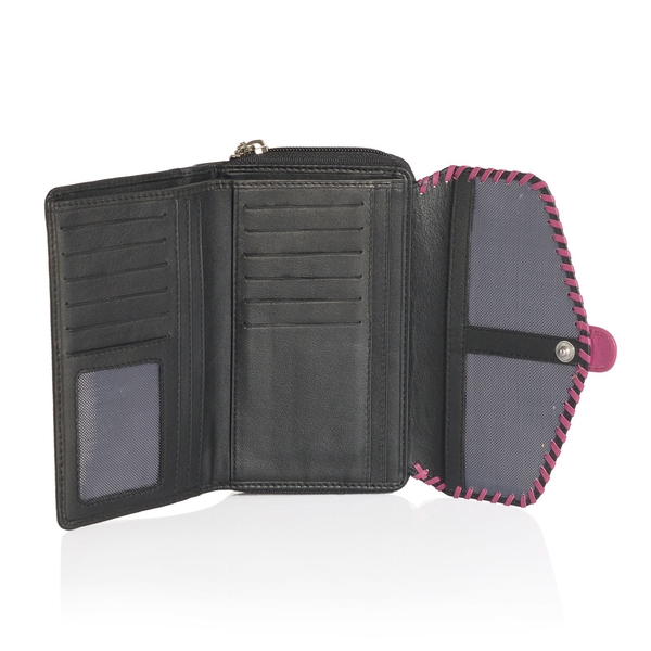Luxury Top Grain Genuine Leather RFID Blocker Braided Black and Fuchsia Colour Ladies Wallet (Size 17.5x11x3.5 Cm)