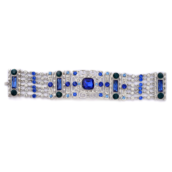 Blue, Green Glass and White, Blue Austrian Crystal Bracelet (Size 7.5) in Silver Tone