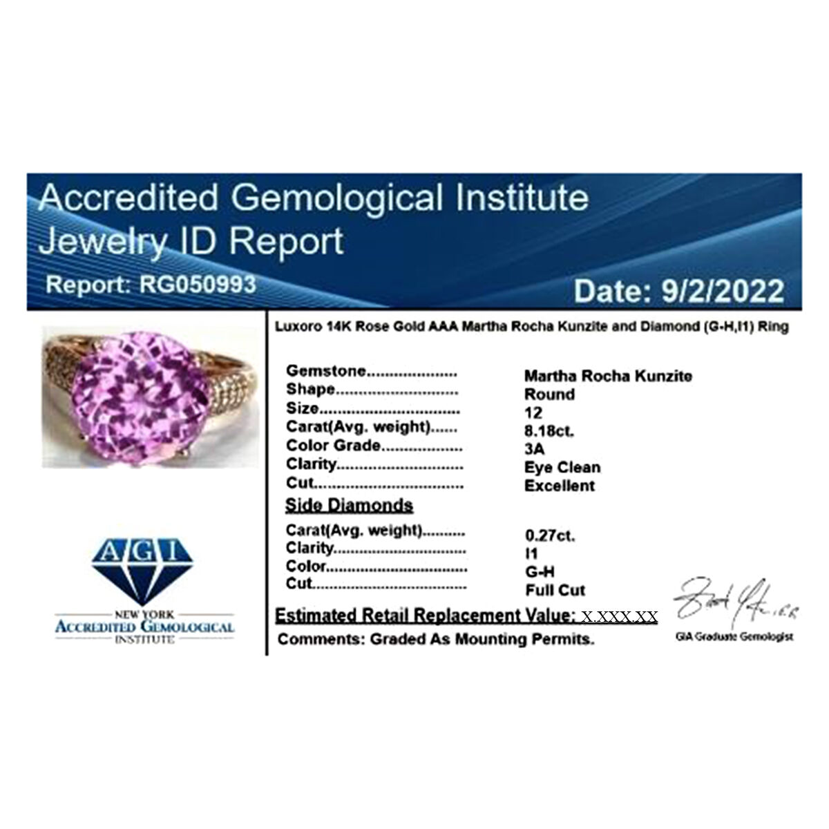 14K Rose Gold  AAA   Martha Rocha Kunzite ,  White Diamond  I1 Solitaire Ring 8.45 ct,  Gold Wt. 3.31 Gms  8.450  Ct.