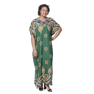 JOVIE Bohemian Style Printed Long Dress with Embroidered Neckline - Green