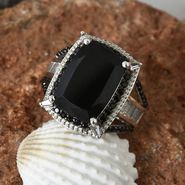 Black Tourmaline (Cush 6.35 Ct),Boi Ploi Black Spinel and White Topaz Ring in Platinum Overlay Sterling Silver 7.750 Ct, Silver wt 6.38 Gms.