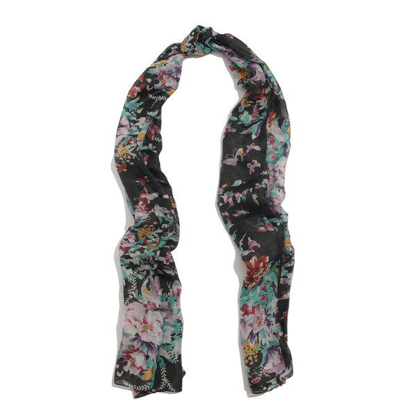 100% Mulberry Silk Floral and Butterfly Pattern Black, Brown and Multi Colour Scarf (Size 180x100 Cm)