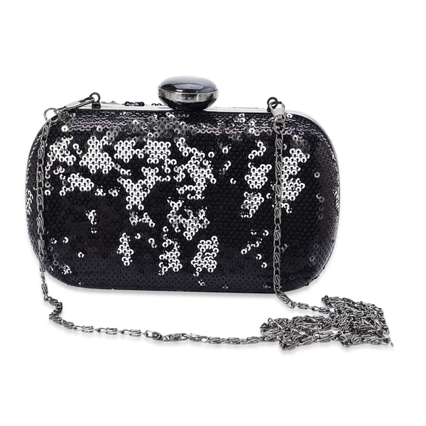 Black and Silver Colour Sequins Clutch Bag in Black Tone with Simulated Black Cats Eye (Size 16x10 C