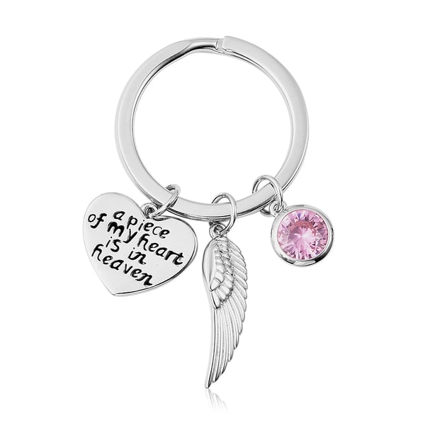 Charms De Memoire Sterling Silver Simulated Pink Tourmaline, Angel Wing and Heart Charms in Key Chai