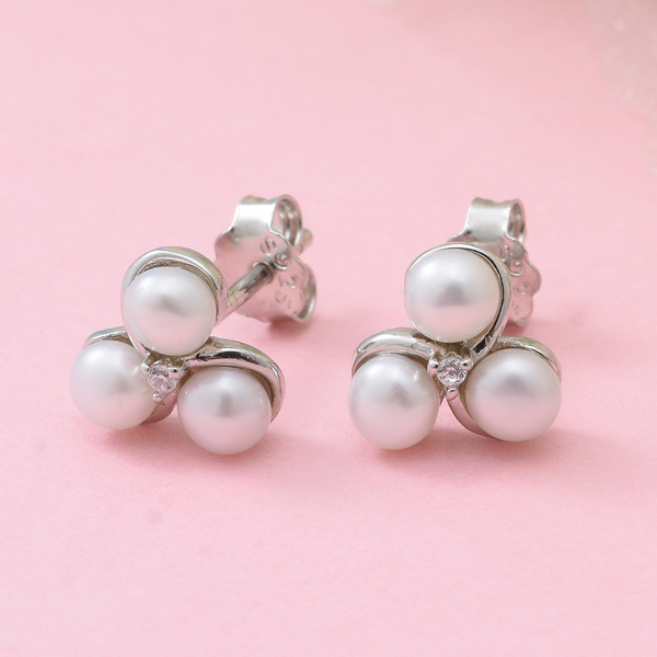 Freshwater Pearl and Simulated Diamond Stud Earrings (with Push Back) in Rhodium Overlay Sterling Silver