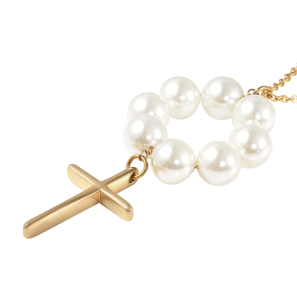 White Shell Pearl Cross Necklace ( Size 24) in Yellow Gold Tone